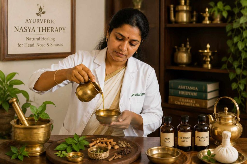 Realistic illustration of an Ayurvedic doctor preparing herbal oil for Nasya therapy using traditional brass vessels, medicinal herbs, and herbal oil bottles in a calm Ayurvedic treatment room.