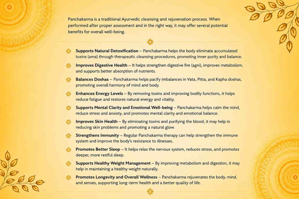 Potential benefits of Panchakarma for digestive health, relaxation, sleep, energy, and overall Ayurvedic wellness