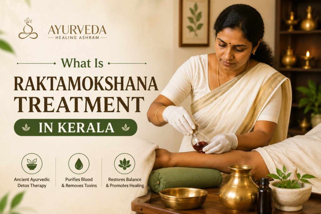 Featured image showing an Ayurvedic practitioner performing Raktamokshana treatment in a traditional Kerala therapy room with brass vessels, herbal preparations, and the heading "What Is Raktamokshana Treatment in Kerala."