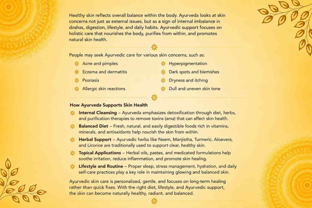 Skin conditions and Ayurvedic support for acne, eczema, psoriasis, pigmentation, dryness, and general skin health