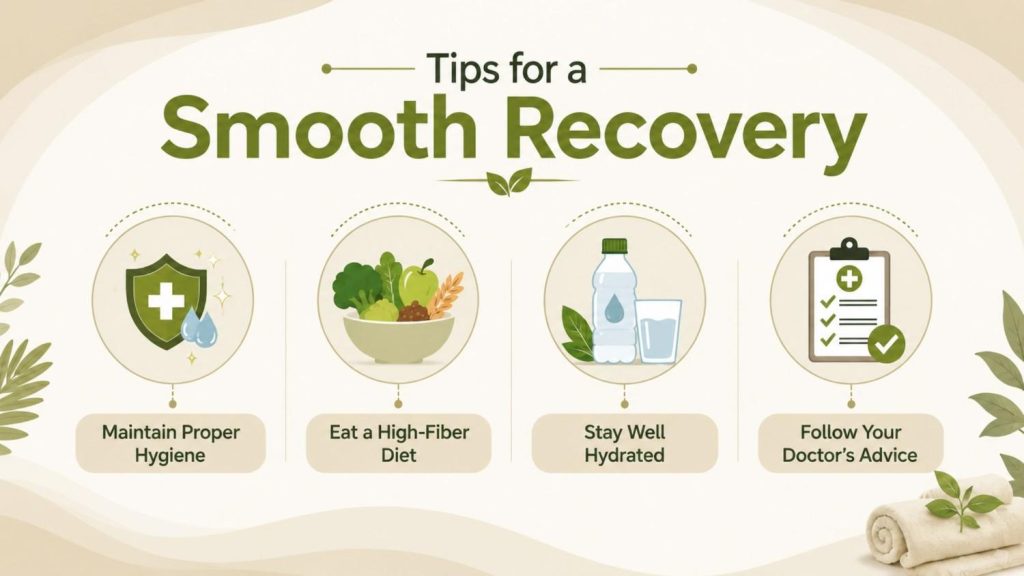 What to Expect During Ksharasutra Treatment recovery tips infographic highlighting hygiene, high-fiber diet, hydration, and follow-up care
