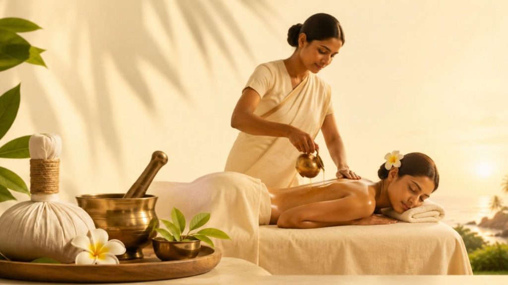 Kerala Ayurveda for USA featuring an authentic Ayurvedic therapy session with traditional Panchakarma treatment at Authentic Healing Ashram in Kerala.