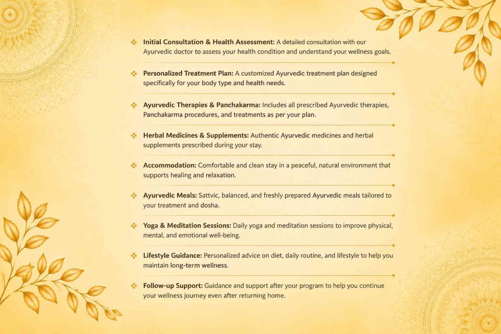 Kerala Ayurveda for UK wellness package includes personalised consultations, Panchakarma therapies, Ayurvedic meals, yoga, meditation, accommodation, and holistic healing support.