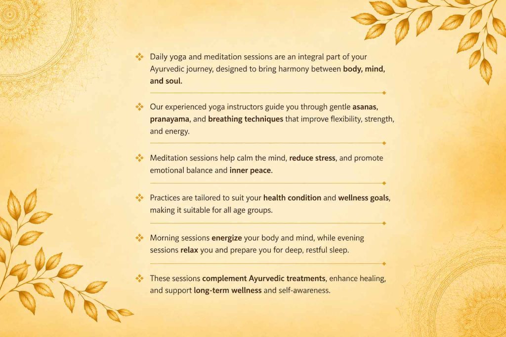 Kerala Ayurveda for UK yoga and meditation sessions supporting holistic healing, relaxation, and overall wellness during an authentic Ayurvedic retreat.