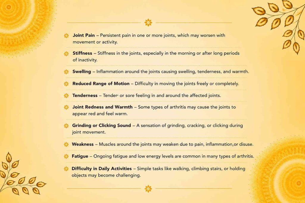 Infographic showing the common symptoms of arthritis, including joint pain, stiffness, swelling, reduced mobility, and fatigue.