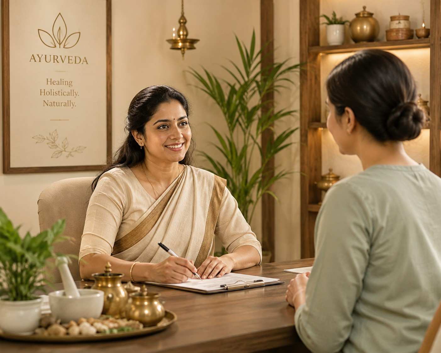 Experienced Ayurvedic doctor consulting with a patient in a peaceful Kerala treatment environment