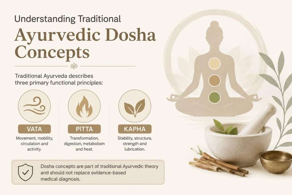 Simple infographic illustrating the three traditional Ayurvedic dosha concepts: Vata, Pitta, and Kapha, with calming wellness-themed visuals.