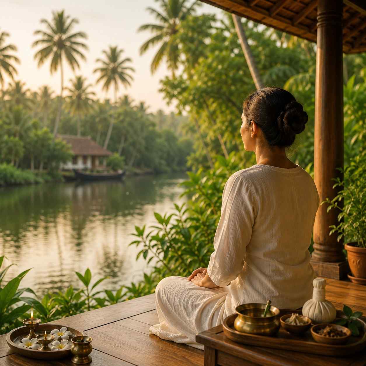 Authentic Kerala Ayurveda healing centre surrounded by lush tropical greenery
